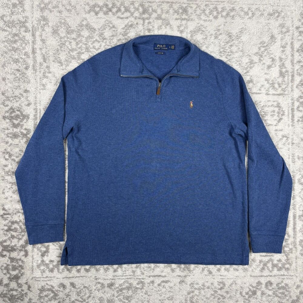 Polo Ralph Lauren Sweater Men Blue 1/4 Zip Flesh Pony Logo Estate Rib Size Large
